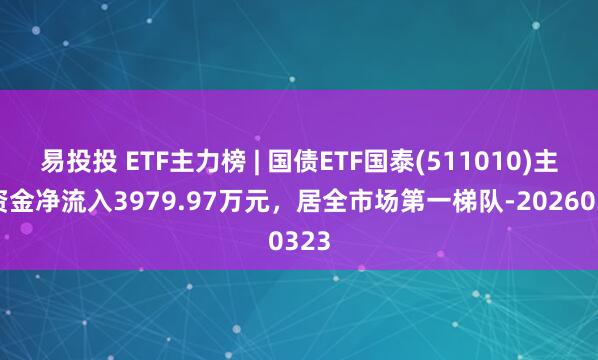 易投投 ETF主力榜 | 国债ETF国泰(511010)主力资金净流入3979.97万元，居全市场第一梯队-20260323